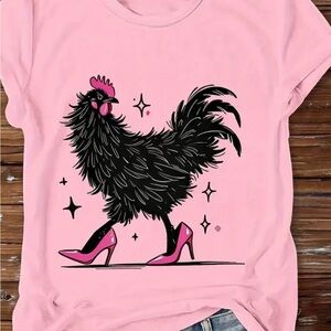 Pink T-Shirt with Black Rooster Design
